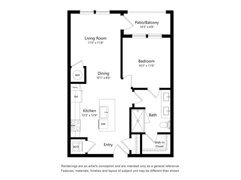 Floor plan for 1 bed, 1 bath, 667 sqft